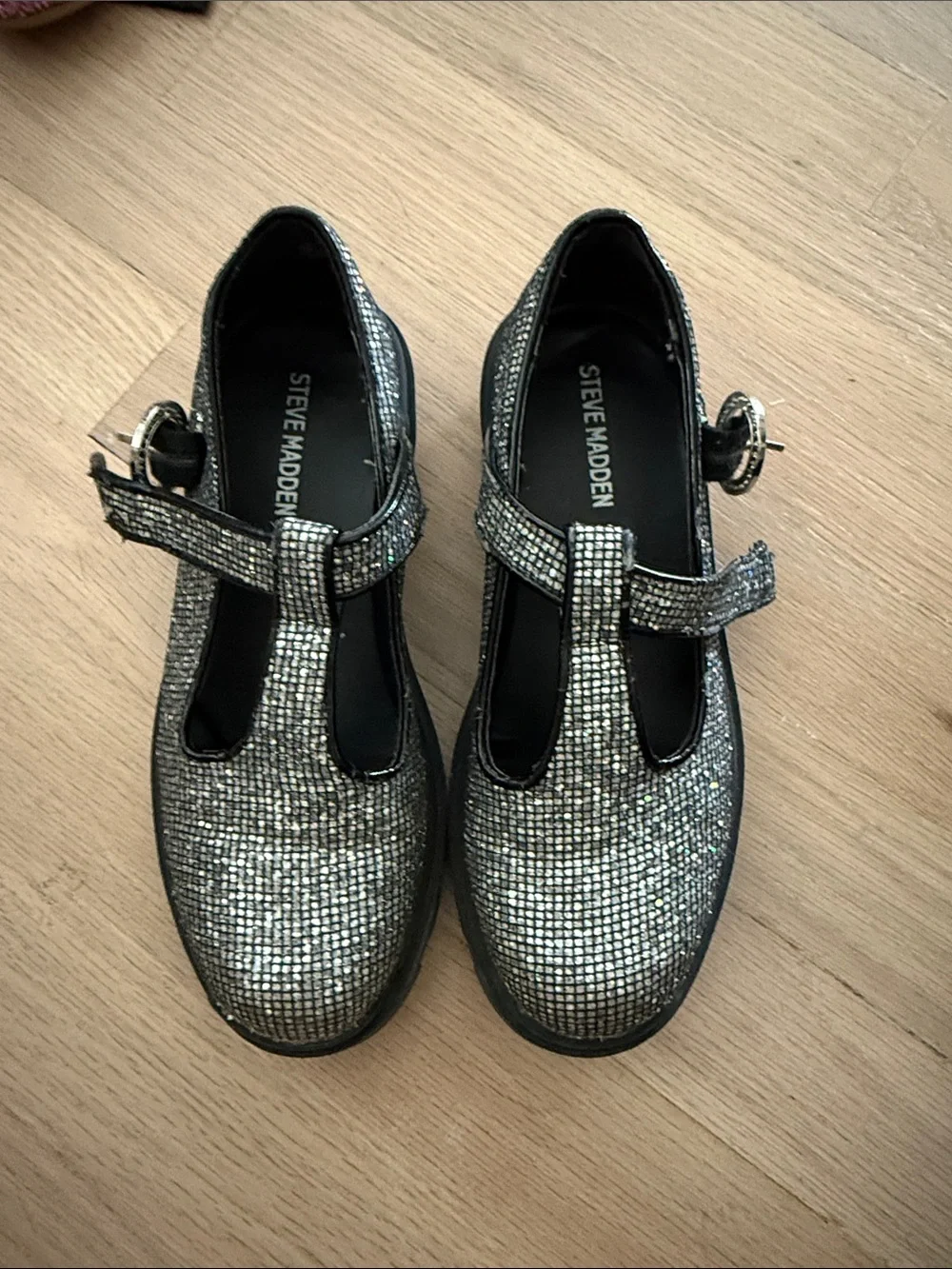 Steve Madden Kids Metallic Silver T-Strap Mary Jane Shoes